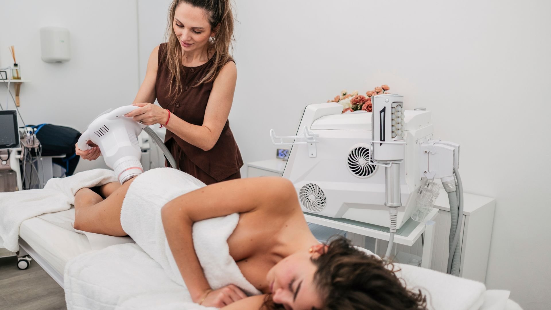 Professional performing cosmetic laser treatment on patient in medical spa