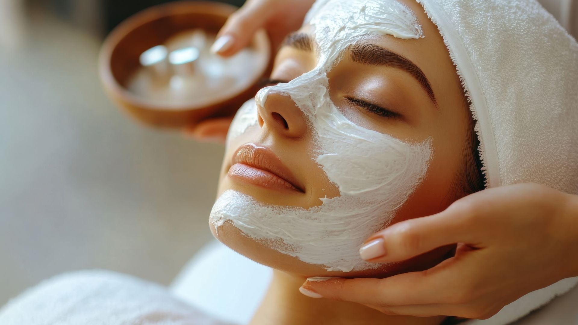 Person receiving relaxing facial treatment with white skincare mask